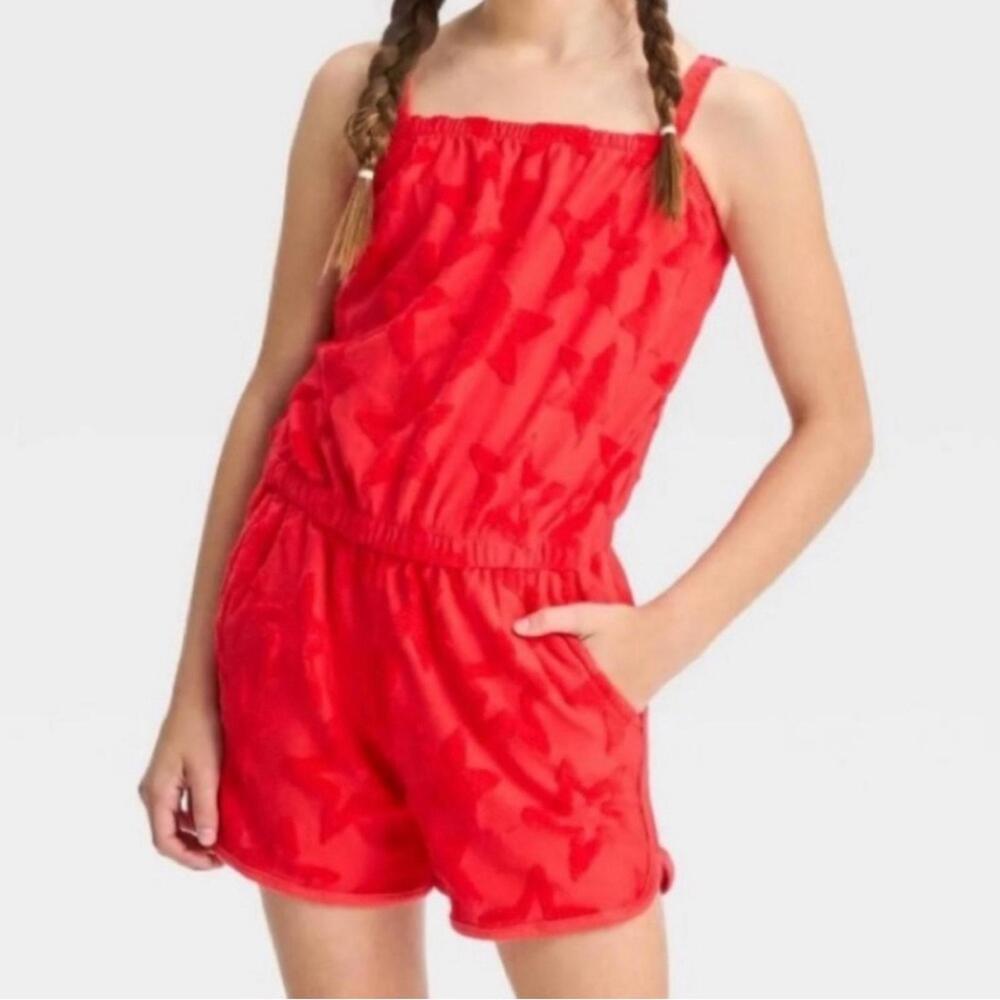 Girls Red Terry Romper With Chunky Stars Allover by Cat & Jack Towel L 10/12